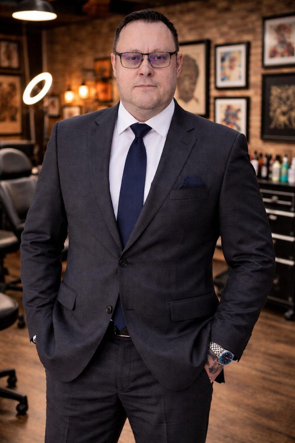 Waldemar Ollenberger alias TattooBob29, Inhaber von Skin Hunter Tattoo, im Anzug im Studio